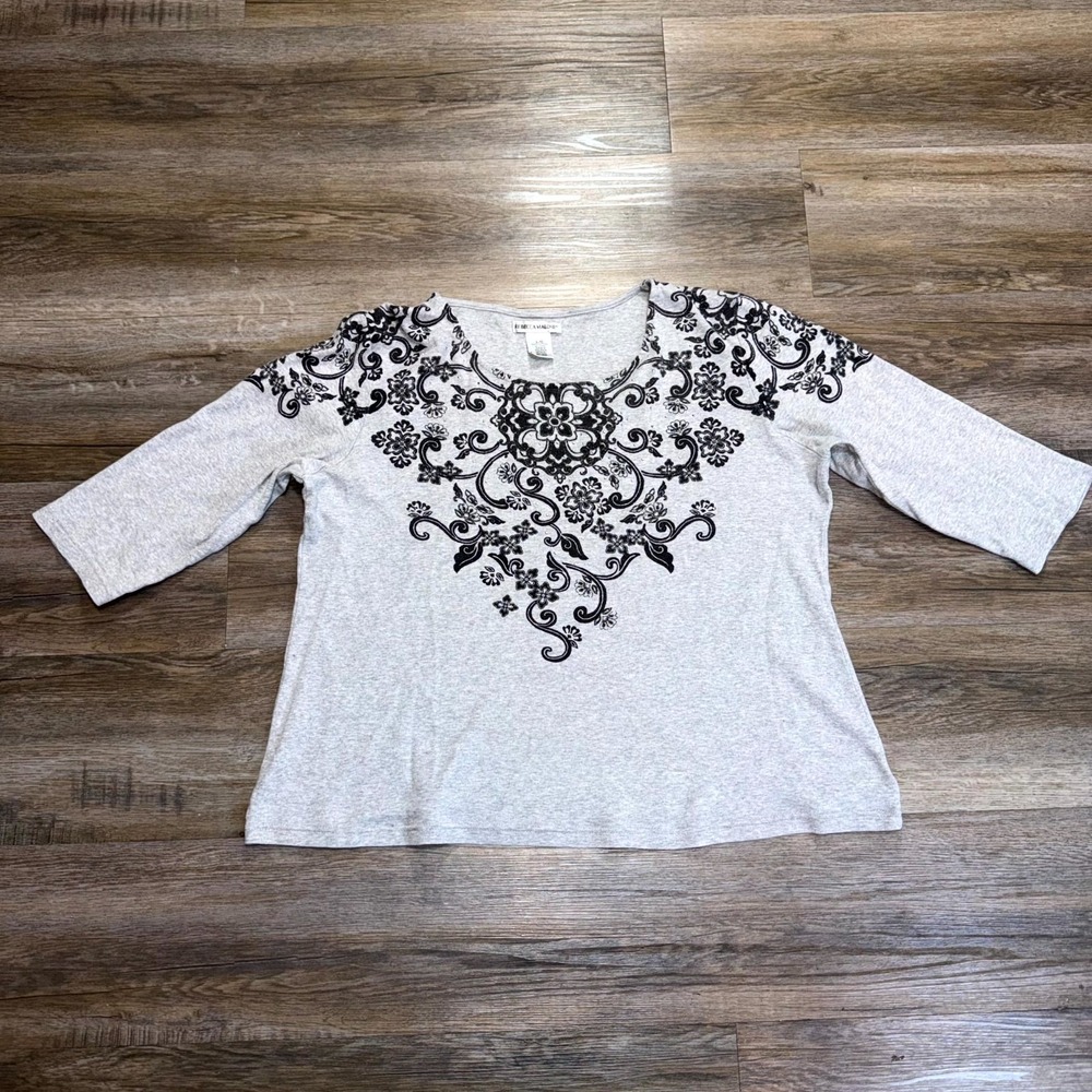 Rebecca Malone Gray 3/4-Sleeve Top Womens Large Ornate Black Floral Print
